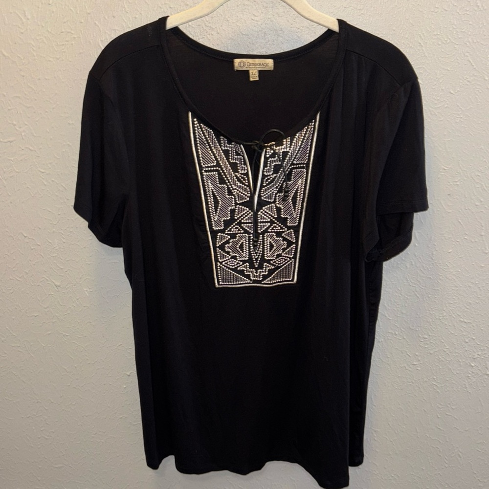 Democracy Boho Top Blouse Black White w Tie Front Women’s Size XL